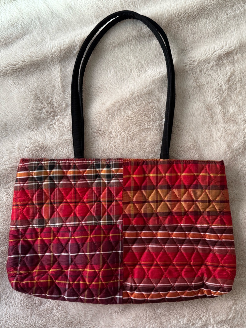 Vintage Vera Bradley Quilted Silk Tote Red Plaid Black Gingham